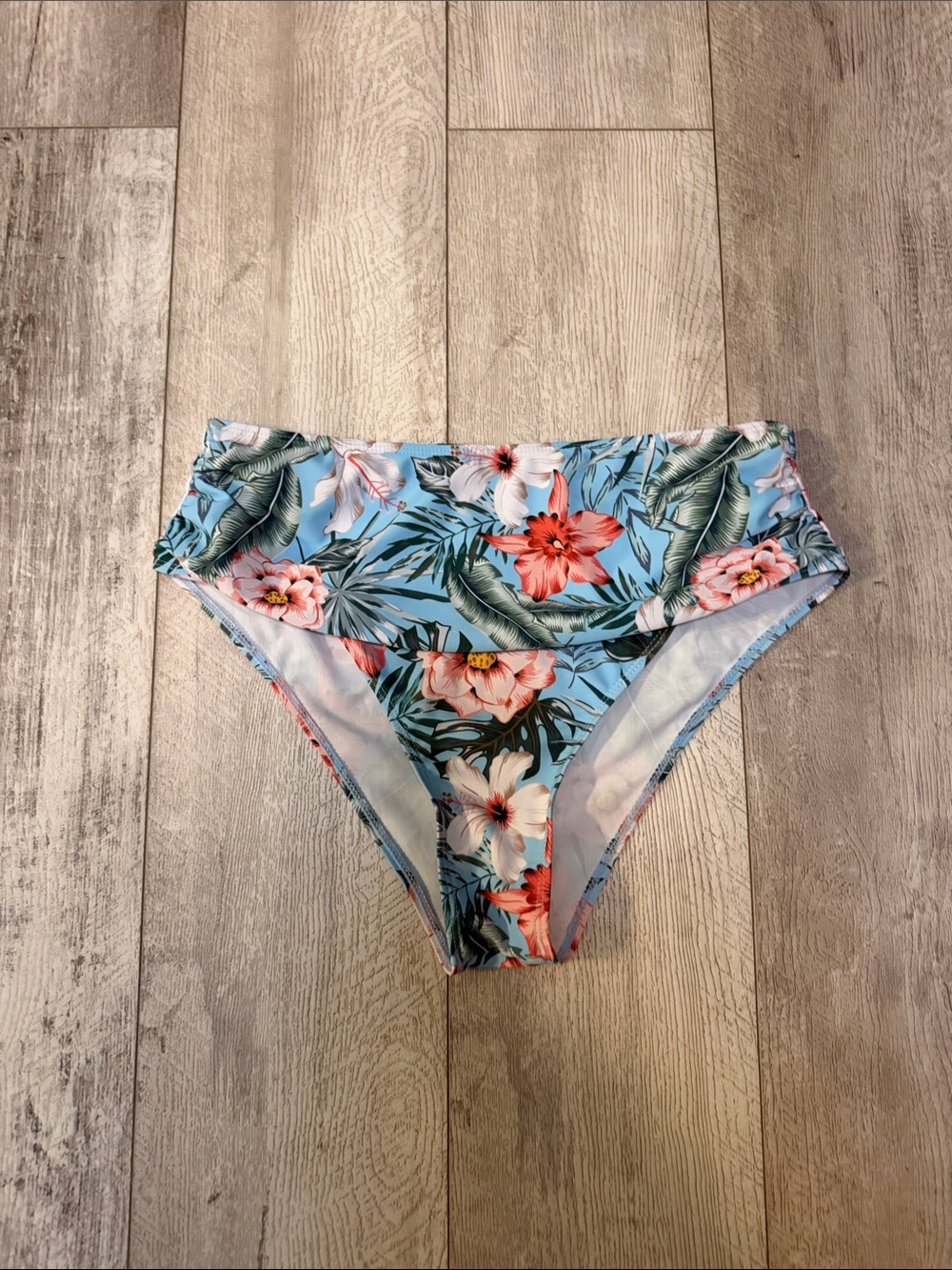 High-Waist Floral Bikini Bottoms - Light Blue Tropical Print